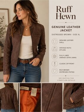 Ruff Hewn Women’s Genuine Leather Distressed Brown Moto Jacket XL